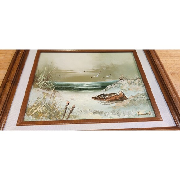 Framed Oil on Canvas Seascape Seagulls Boat Sand Dune Painting Signed Holland - Picture 4 of 5